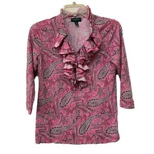 Ralph Lauren Womens Size Petite Medium Multicolor Paisley Print Ruffle Blouse